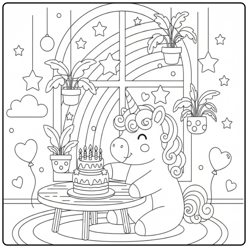 Kleurplaat unicorn verjaardagstaart met regenboog en een gezellig feestje.