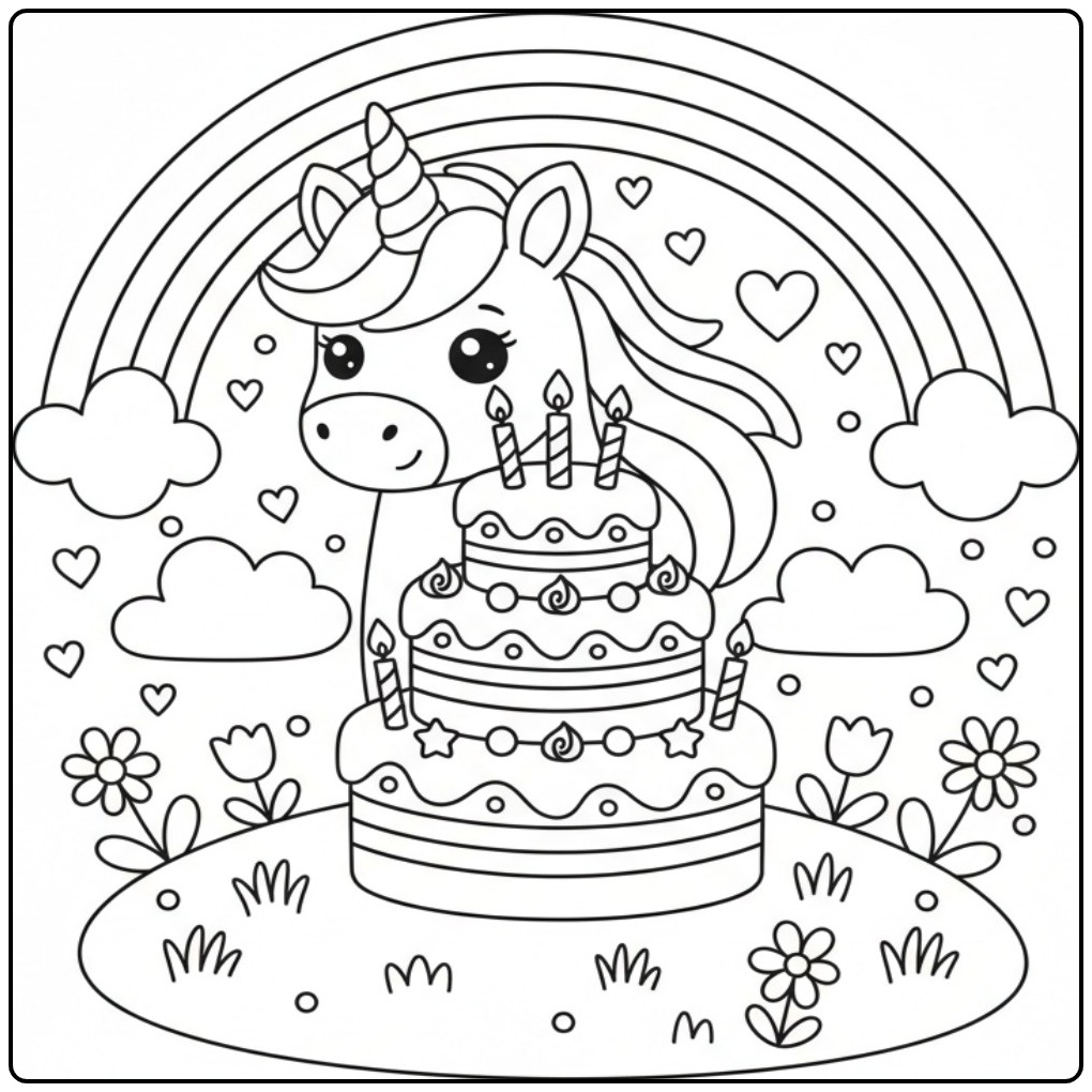 Kleurplaat unicorn verjaardagstaart met regenboog, bloemen.