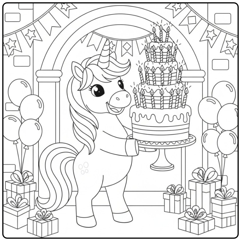 Kleurplaat unicorn verjaardagstaart met veel sprankelende verjaardagskaarsen