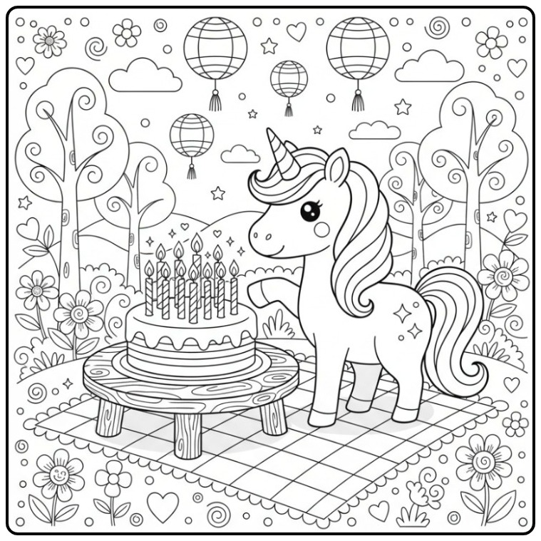 Kleurplaat unicorn verjaardagstaart met veel sprankelende verjaardagskaarsen, een vrolijk tafereel.