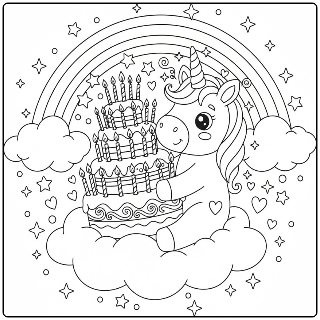 Kleurplaat unicorn verjaardagstaart met veel sprankelende verjaardagskaarsen op een wolk.
