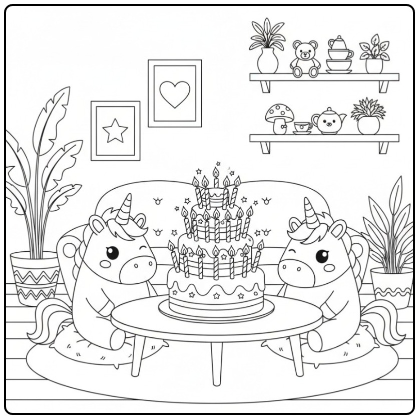 Kleurplaat unicorn verjaardagstaart met veel sprankelende verjaardagskaarsen; eenhoorns klaar voor het feest.