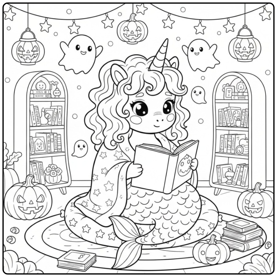 Schattige Kleurplaat unicorn zeemeermin halloween leest boek.