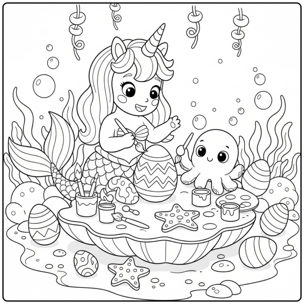 Een schattige Kleurplaat unicorn zeemeermin met eieren paas.