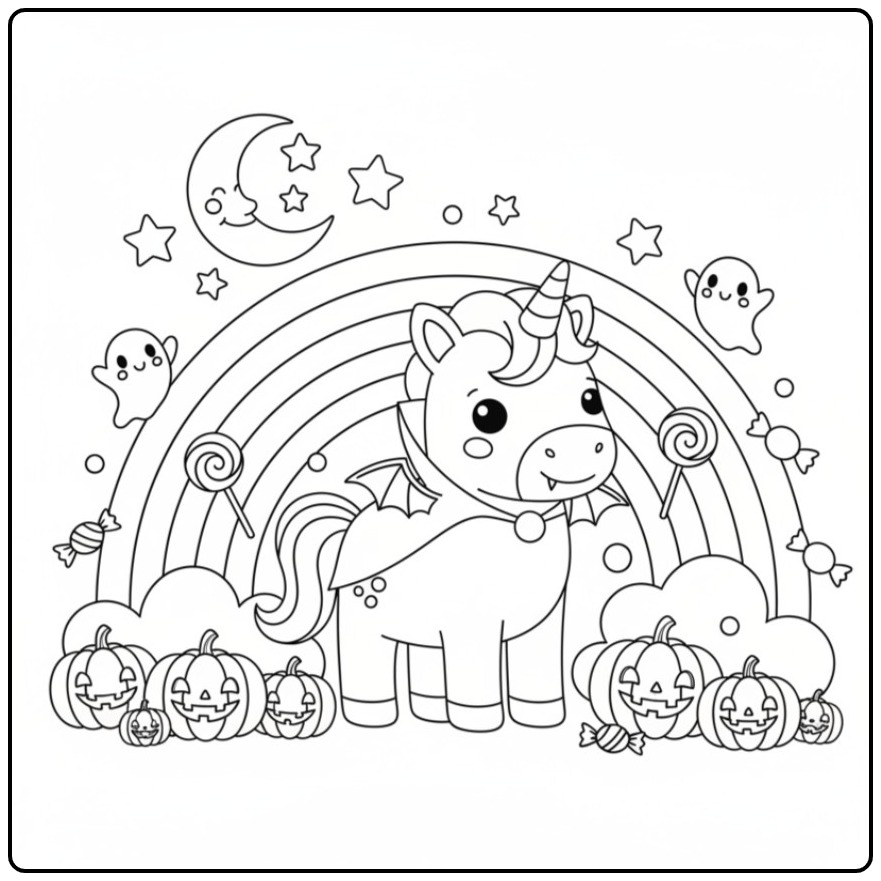 Kleurplaat van een unicorn en regenboog met Halloween figuur