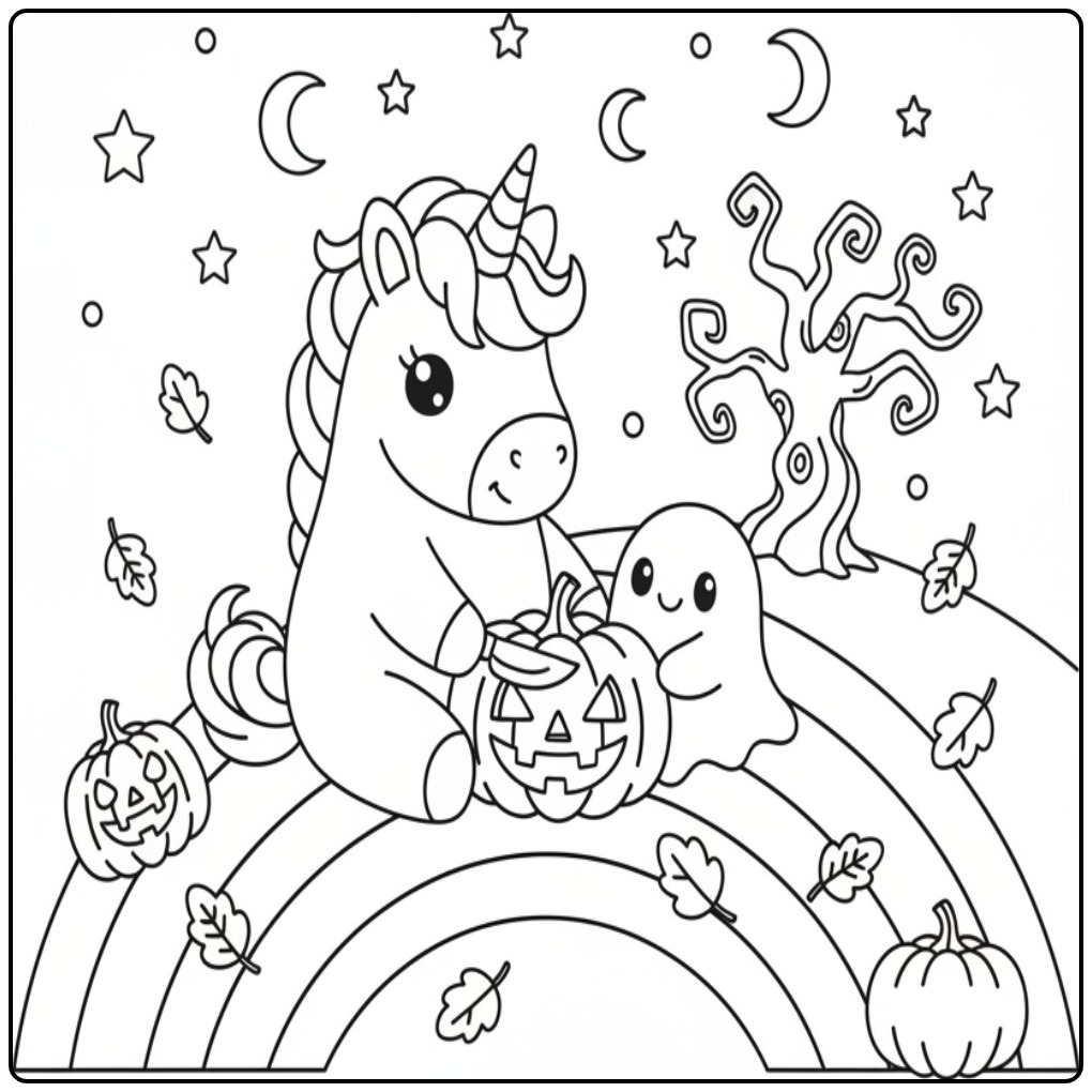 Kleurplaat van een unicorn en regenboog met Halloween, print en kleur!