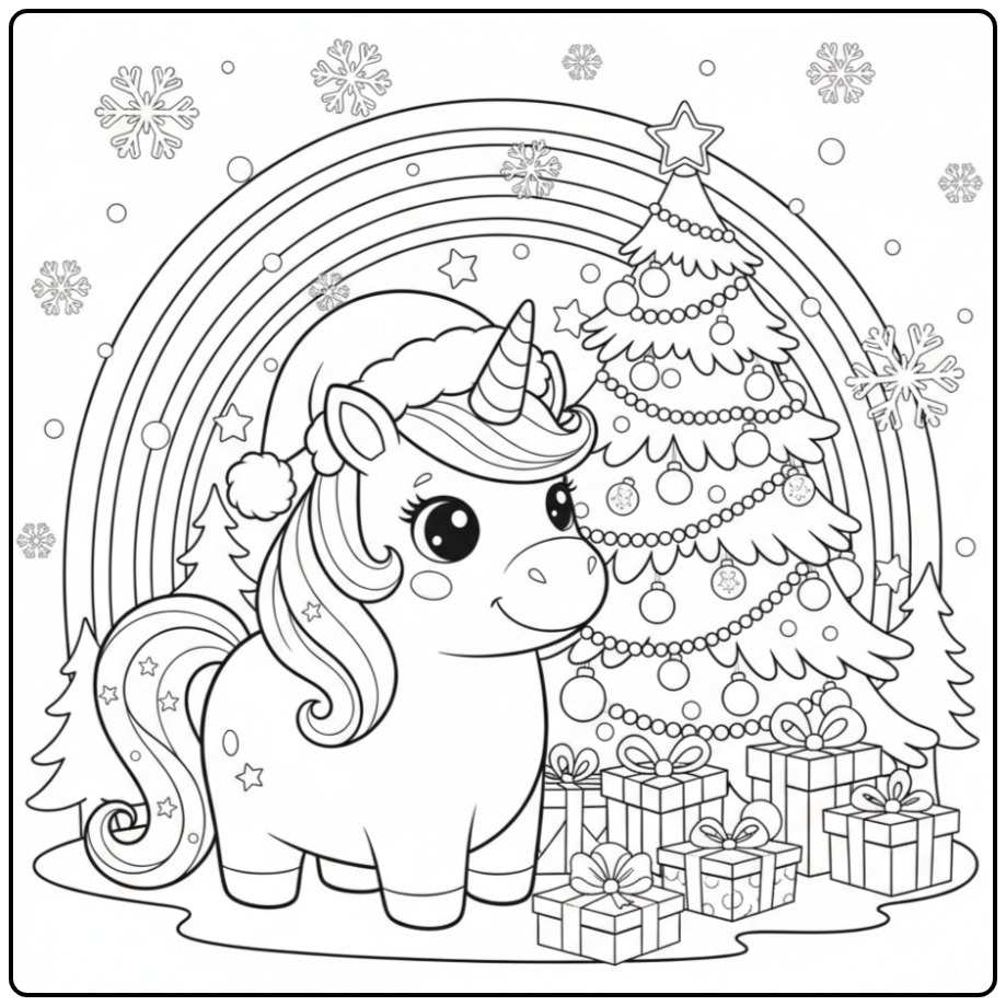 Kleurplaat van een unicorn en regenboog met Kerstmis winter feest!