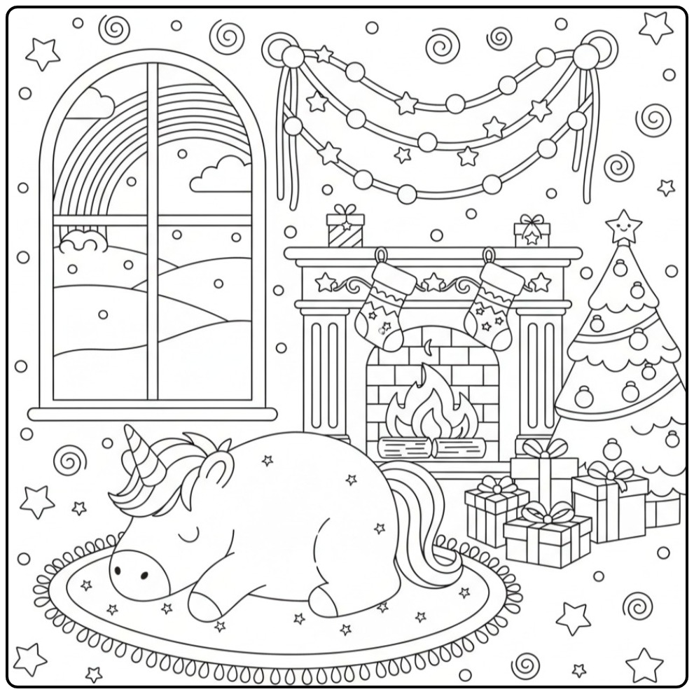 Kleurplaat van een unicorn en regenboog met Kerstmis. Eenhoorn droomt zoet.