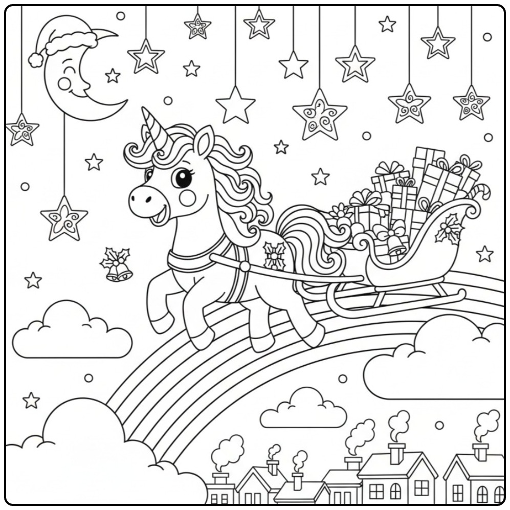 Kleurplaat van een unicorn en regenboog met Kerstmis afbeelding