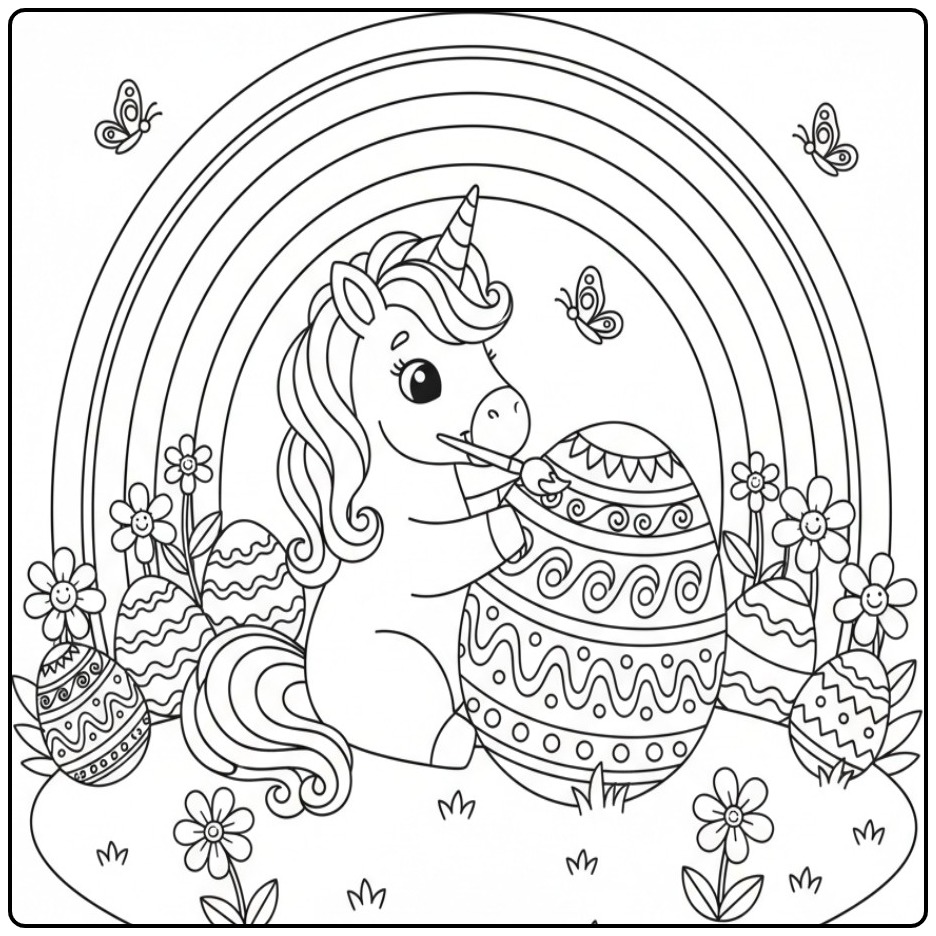 Kleurplaat van een unicorn en regenboog met Pasen, schattig!