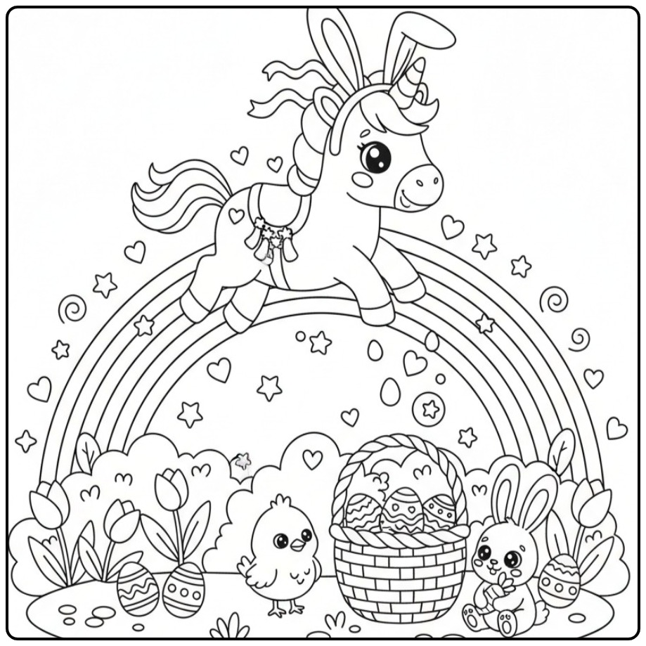 Kleurplaat van een unicorn en regenboog met Pasen in de lente.