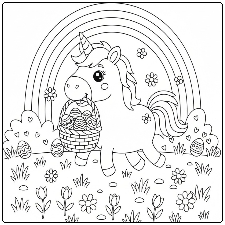 Kleurplaat van een unicorn en regenboog met Pasen. Eenhoorn met eieren!