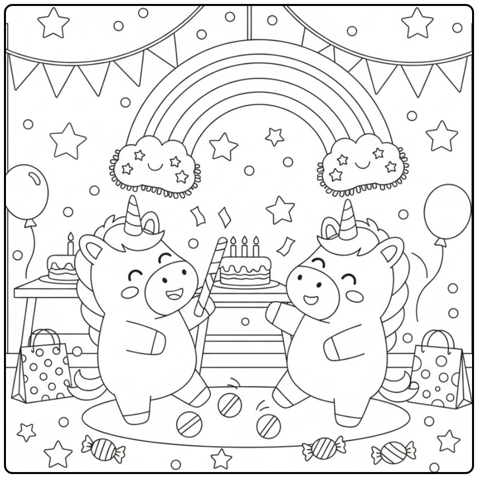Kleurplaat van een unicorn en regenboog op een verjaardagsfeest
