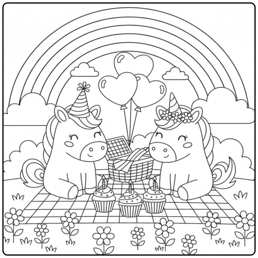 Vrolijke Kleurplaat van een unicorn en regenboog op een verjaardagsfeest.