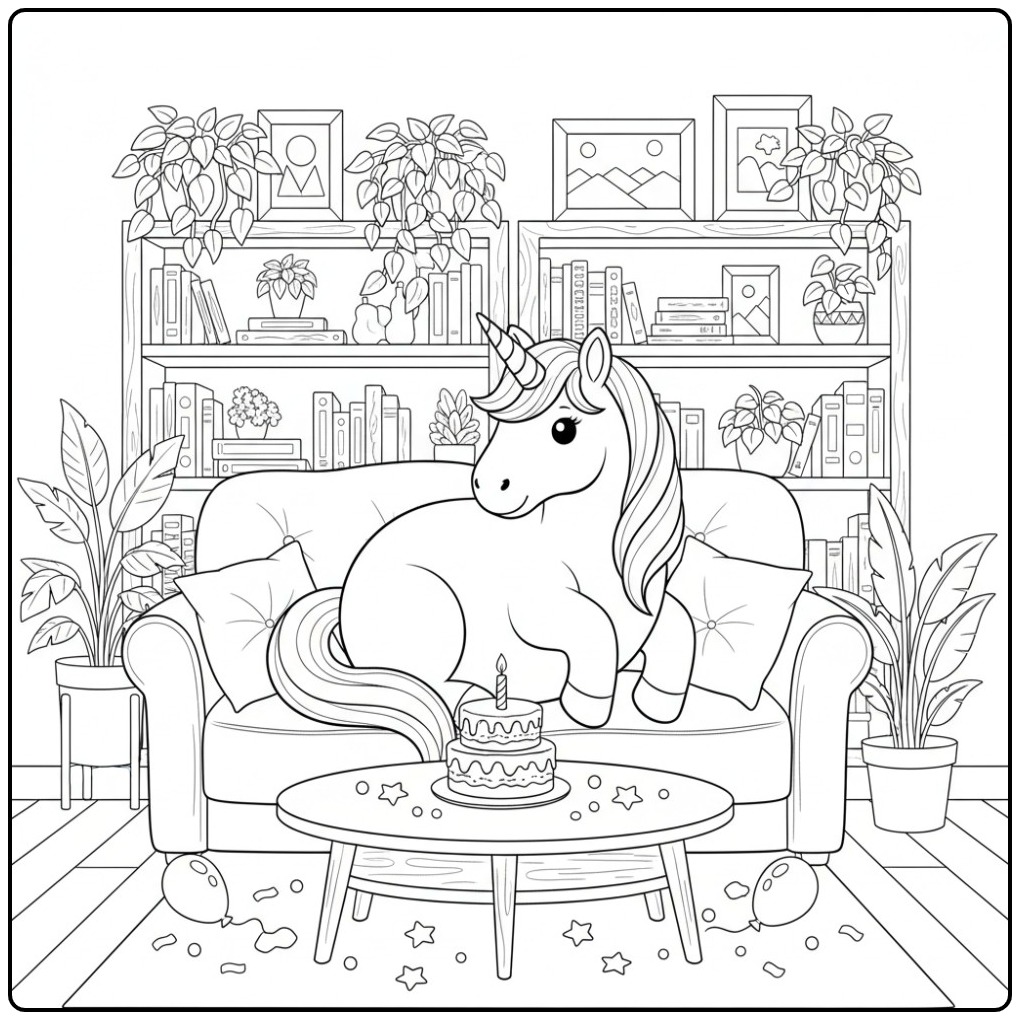 Gezellige verjaardag taart kleurplaat eenhoorn viert feest op de bank.