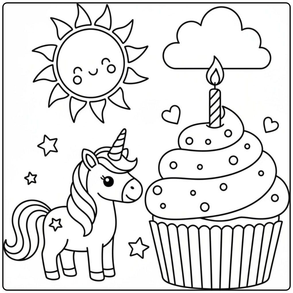 Eenhoorn met verjaardag taart kleurplaat eenhoorn en lachende zon.