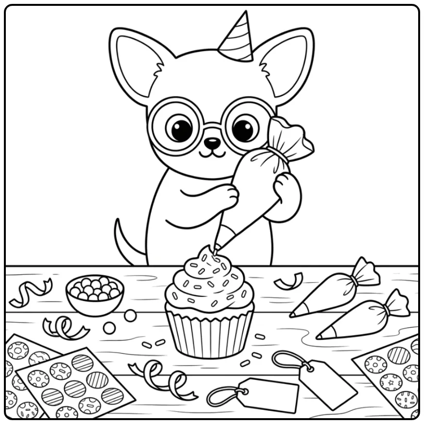 Kleurplaat verjaardag hondje met bril versiert cakeje