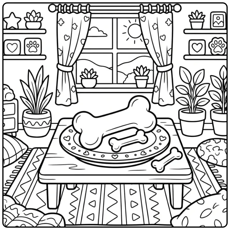 Gezellige hondenbot kleurplaat met snacks op een bordje.