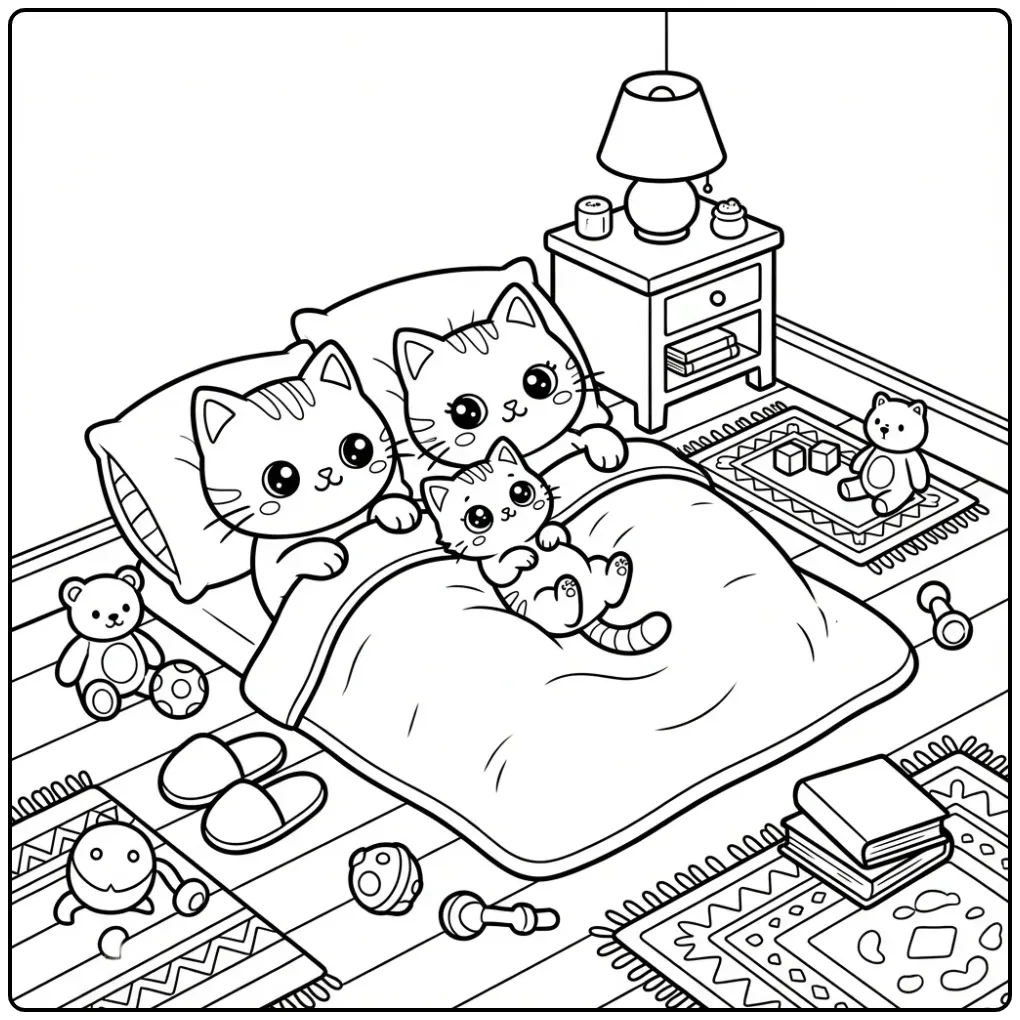 Schattige katten kleurplaat met kitten en zachte dekens.