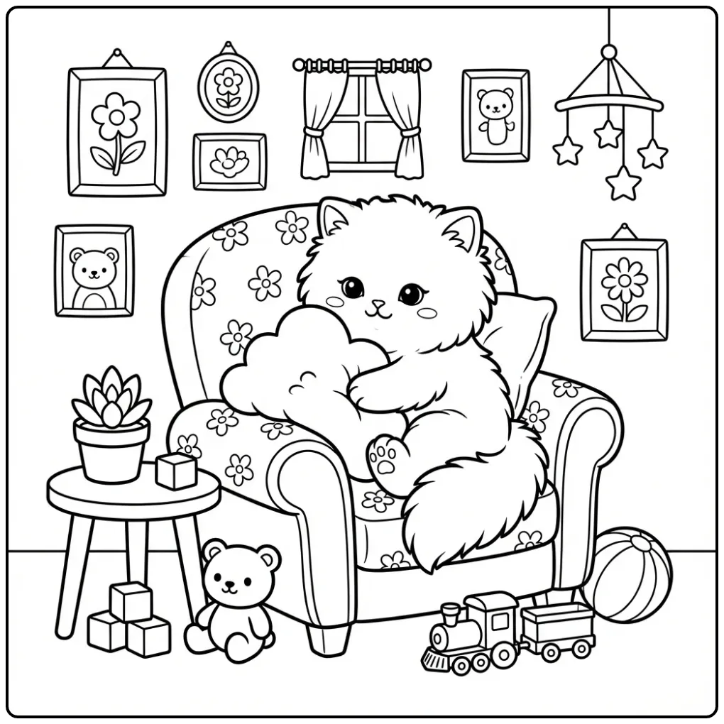 Mooie kleurplaat kitten schattig op een grote stoel.