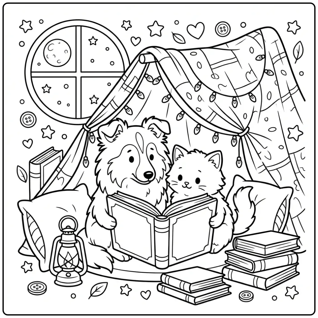 Schattige kleurplaat puppy en kitten lezend in een tent.