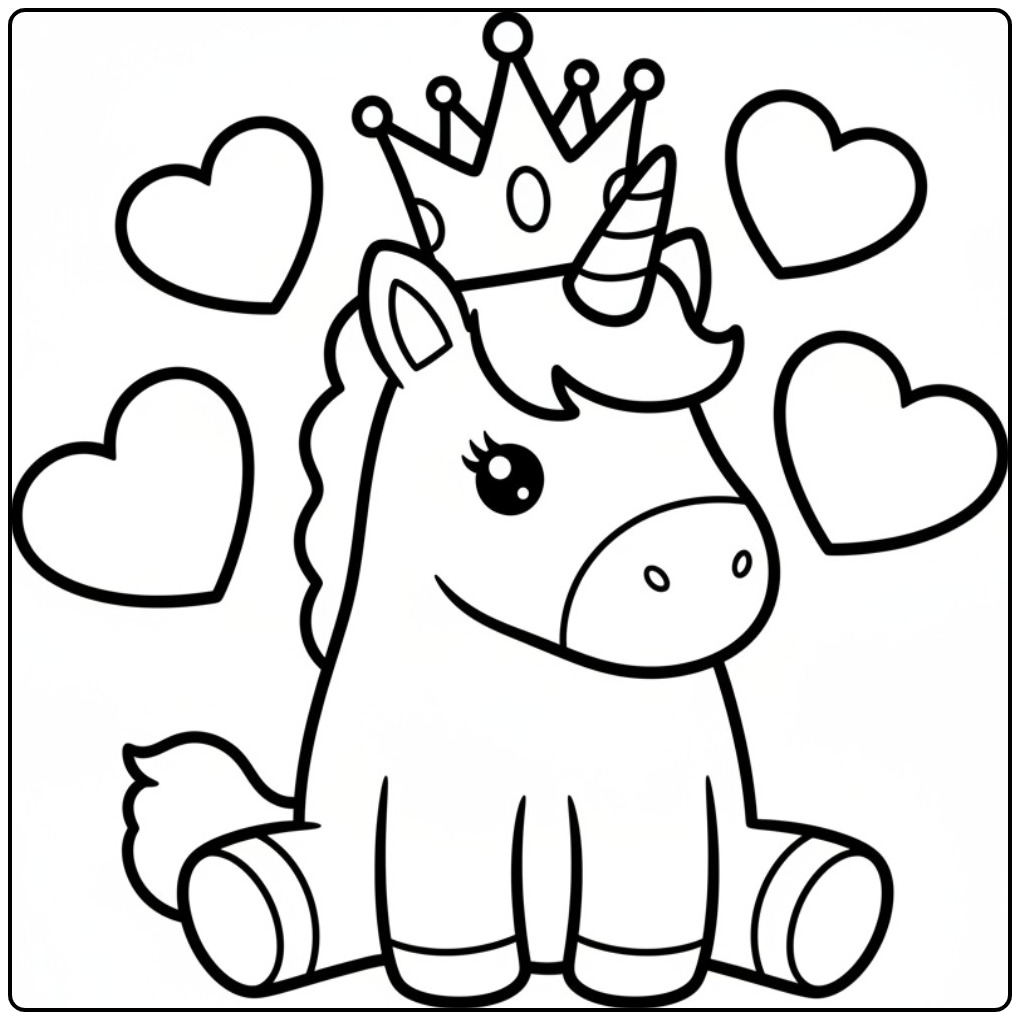 Een schattige zittende unicorn kleurplaat makkelijk met hartjes.