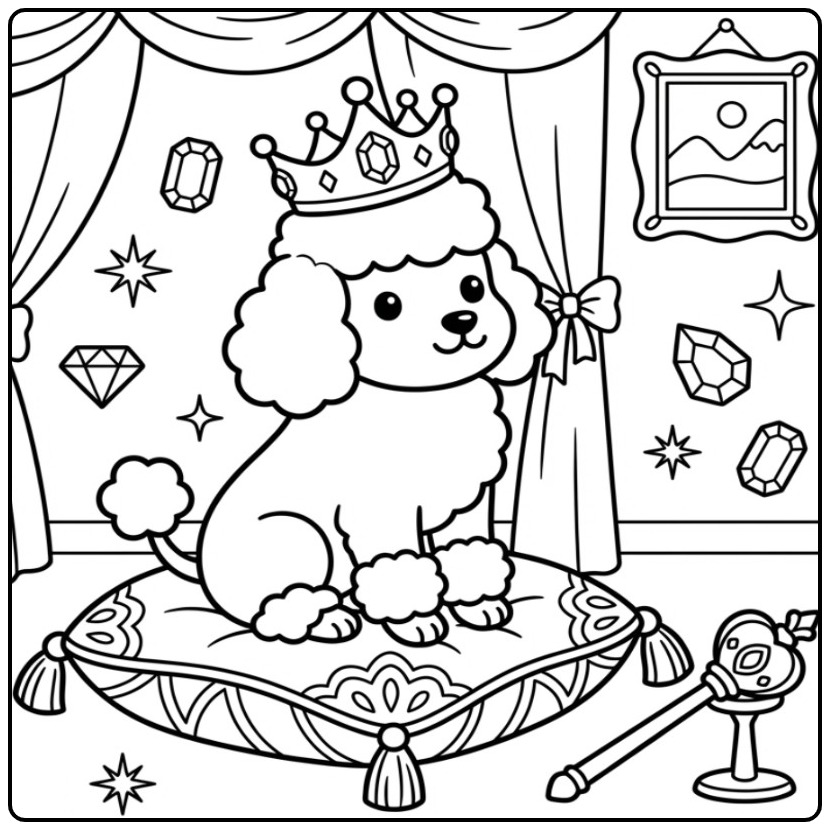 Een schattige kleurplaat poedel met een kroon op een kussen.