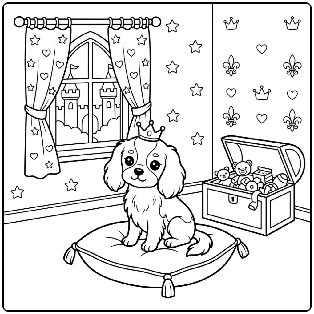 Schattige kleurplaat puppy Cavalier King Charles op kussen.