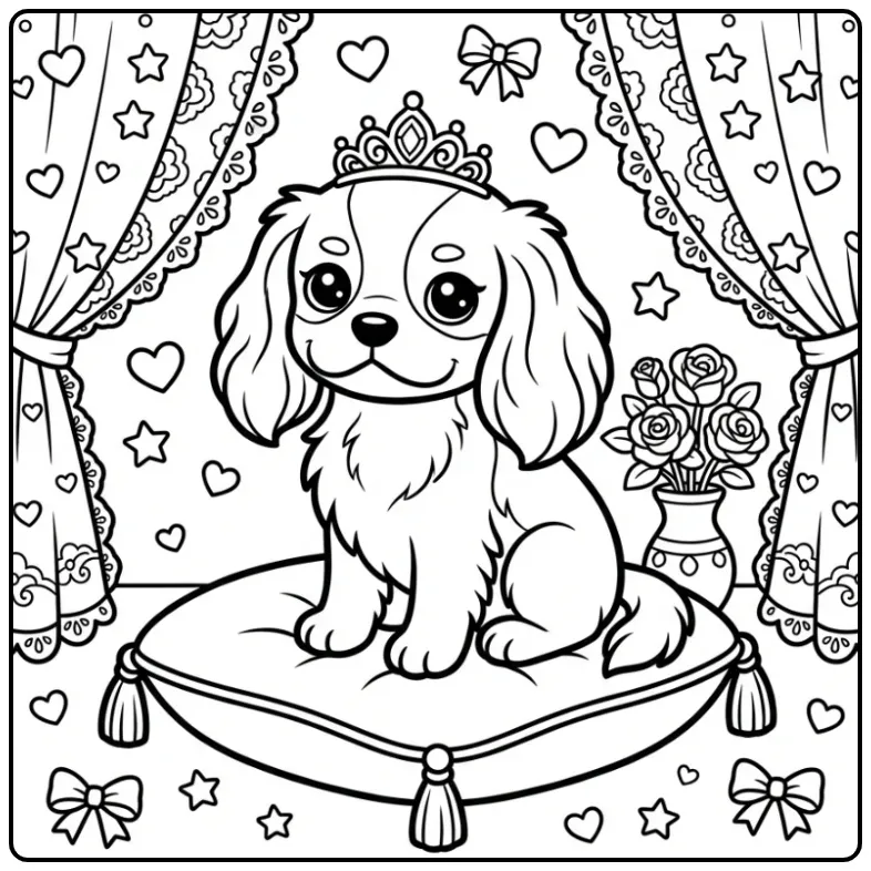 Kleurplaat schattige puppy met kroontje op een zacht kussen.