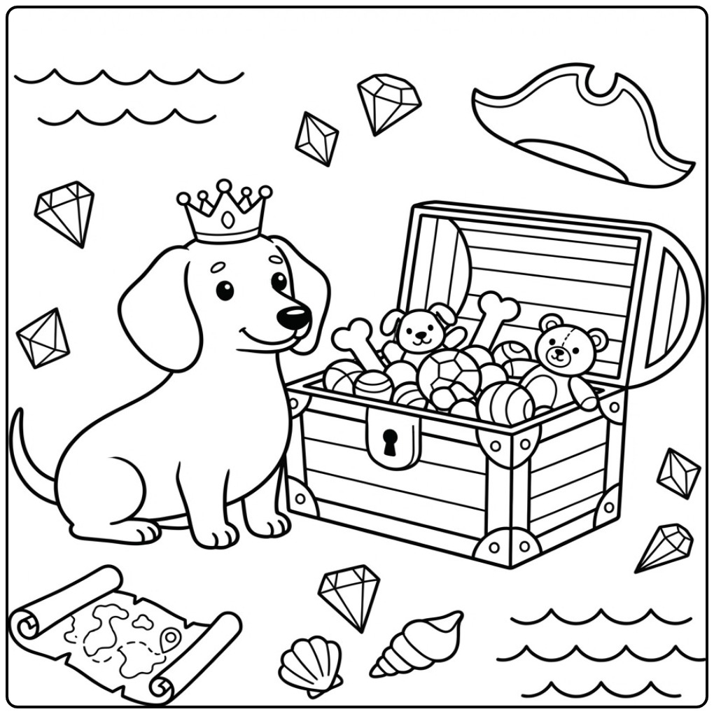 Een schattige kleurplaat teckel met een kroon en schatkist.