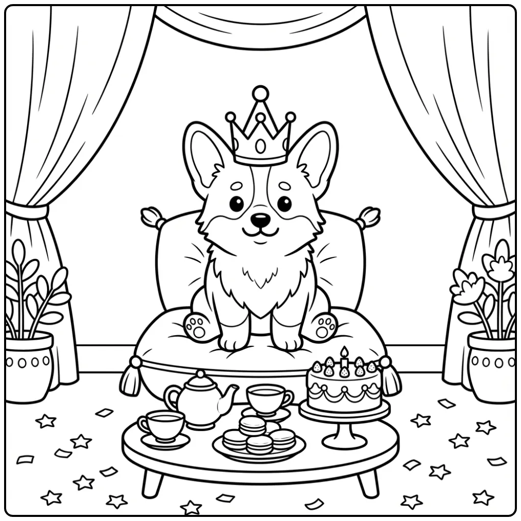 Corgi kleurplaat verjaardag hondje op troon met taart.