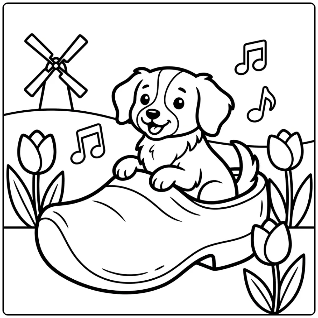 Een vrolijke kleurplaat hond makkelijk in een klomp met tulpen.