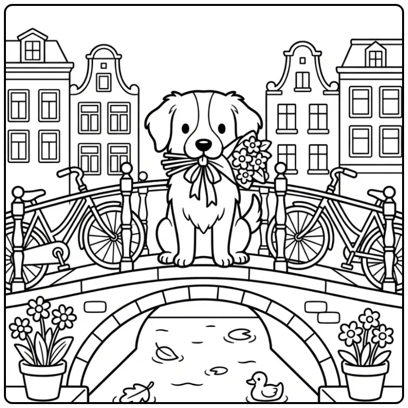 Een schattige kleurplaat hond volwassenen op een brug in Holland.