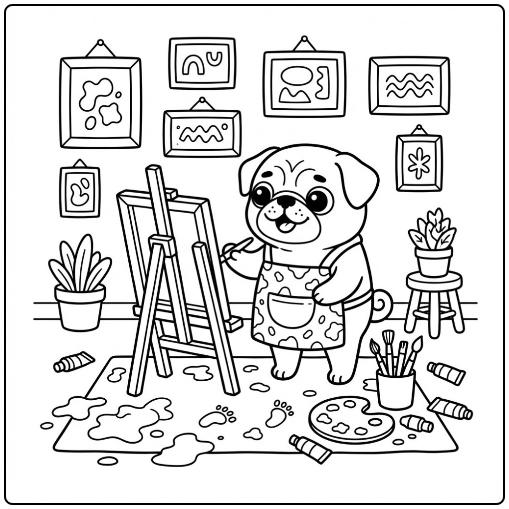 Leuke kleurplaat mopshond als een schilder in een atelier.