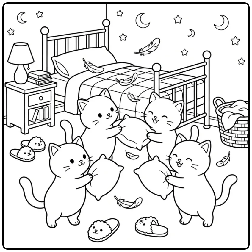 Vrolijke kleurplaat schattige katjes met kussens.