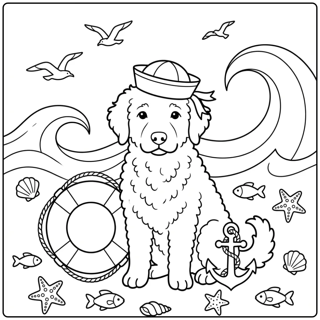 Een leuke kleurplaat hond makkelijk van een Wetterhoun matroos.