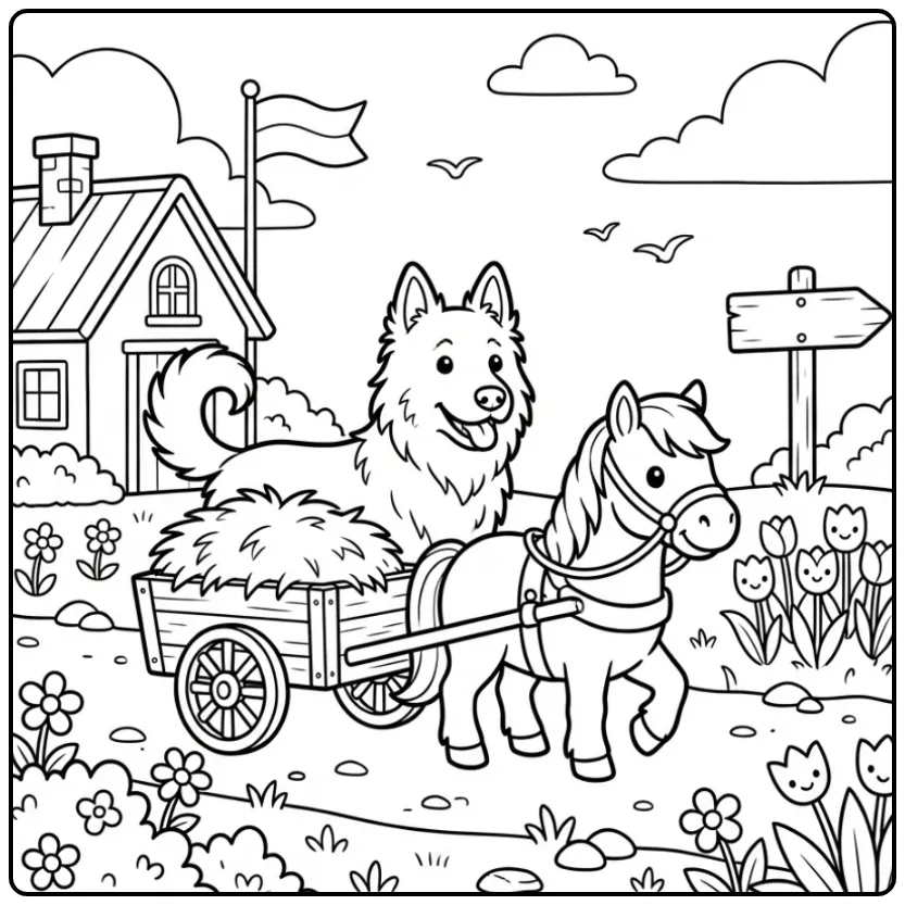 Een vrolijke kleurplaat hond en paard op het platteland.