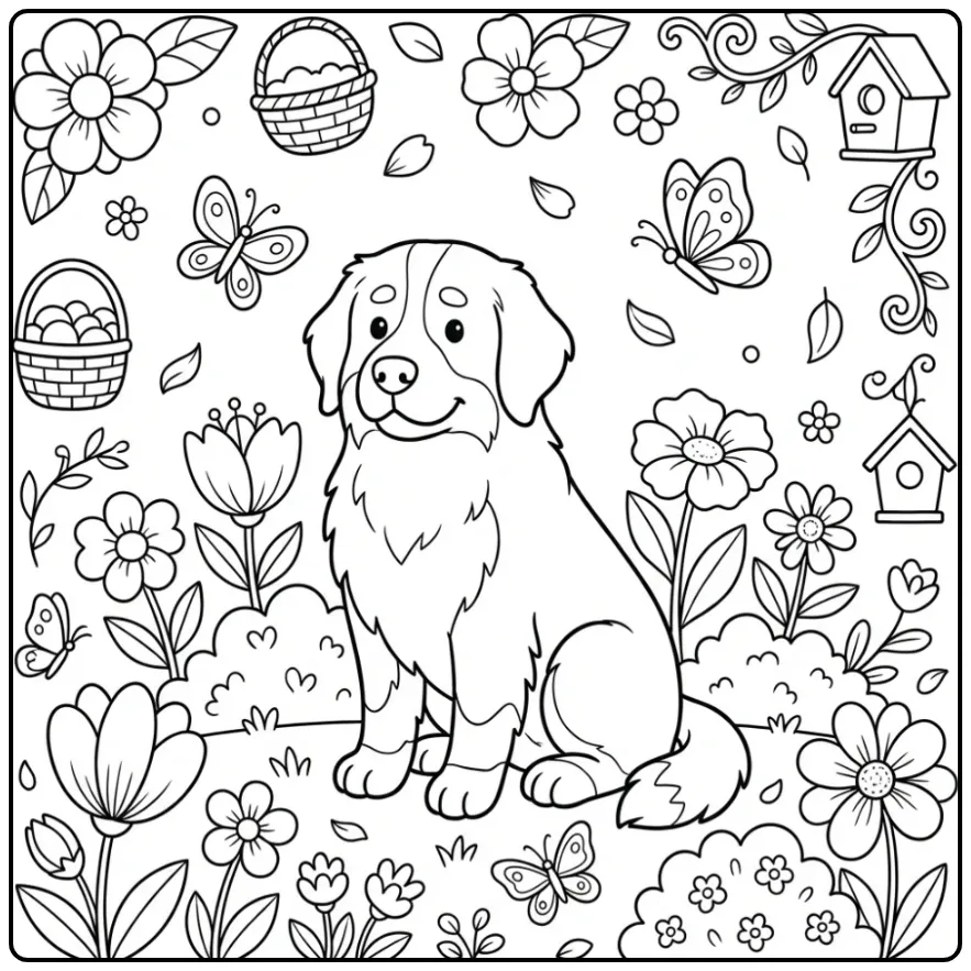 Berner Sennen in bloemenveld: kleurplaat hond schattig.