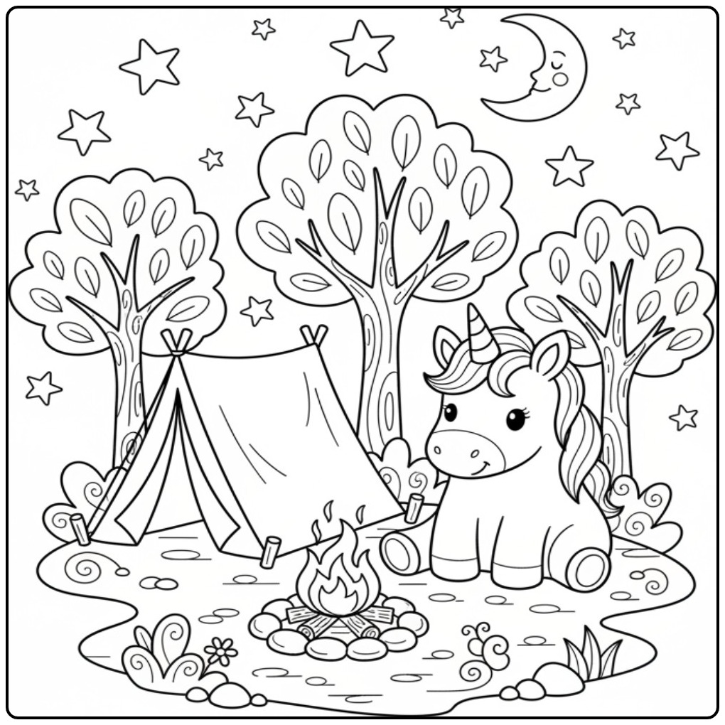 Een schattige baby unicorn kleurplaat bij een kampvuur en tent.