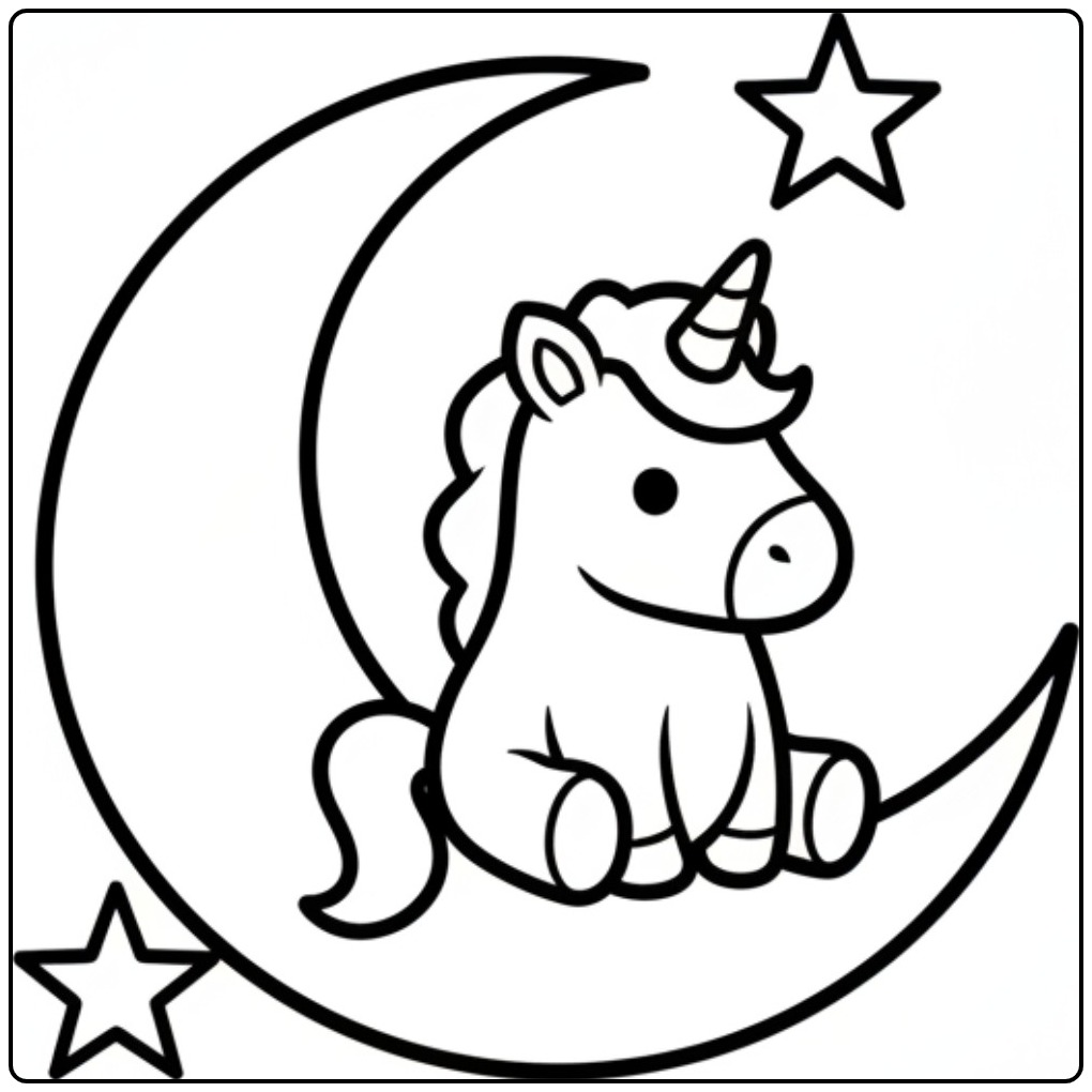 Een schattige baby unicorn kleurplaat zittend op de maan.