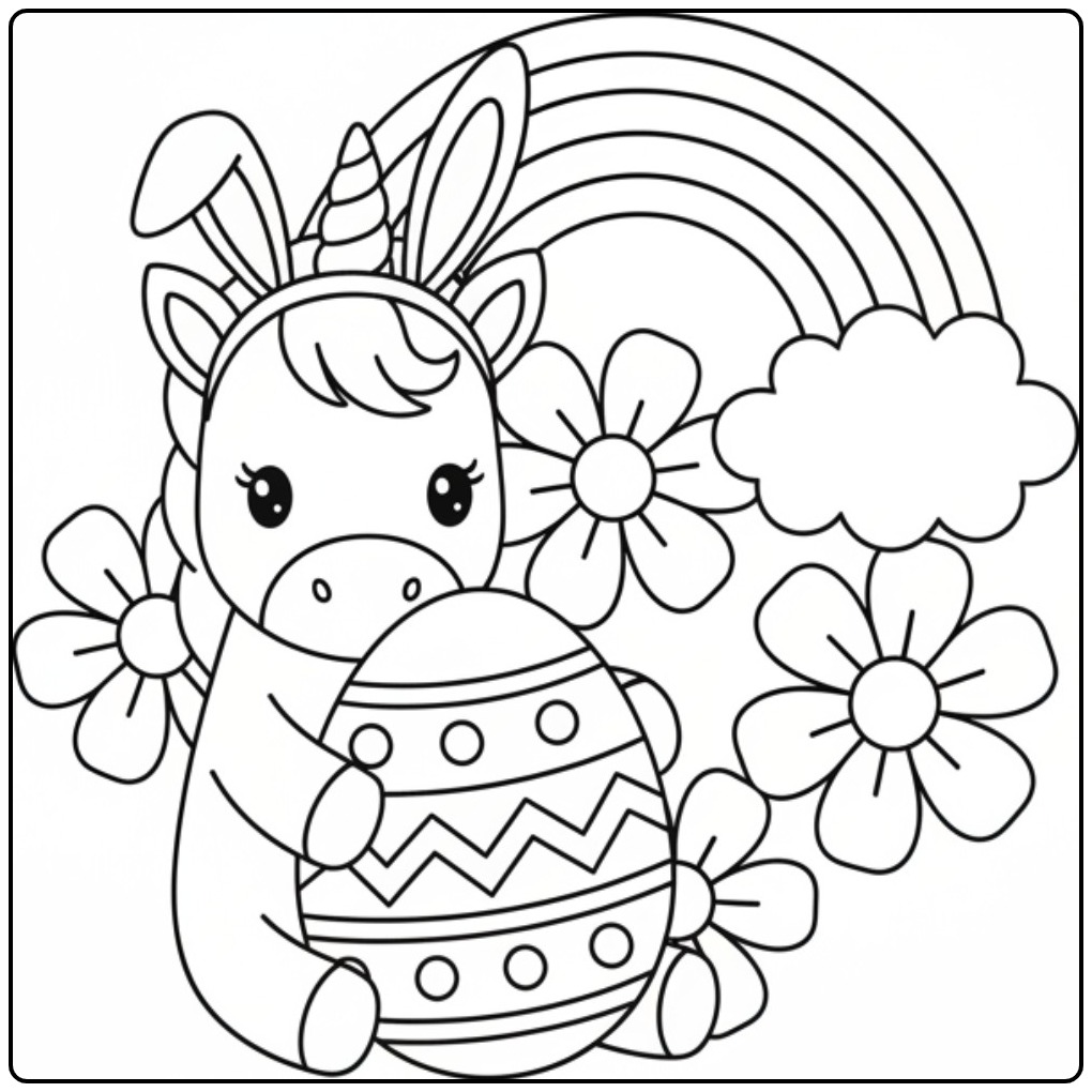 Schattige Baby unicorn Pasen kleurplaat met ei en bloemen.