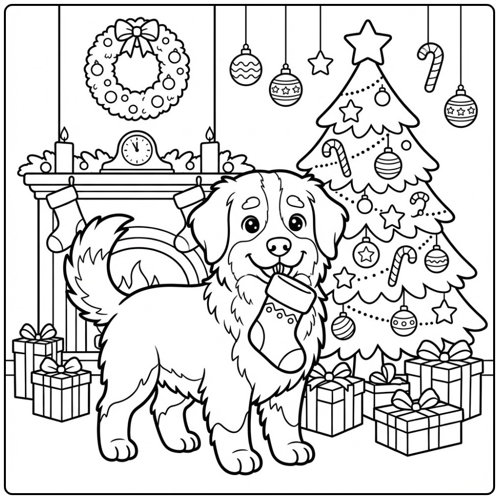 Een blije hond op deze berner sennen kleurplaat met kerstmis.