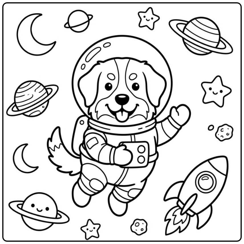 Een schattige berner sennen kleurplaat van een hond als astronaut.
