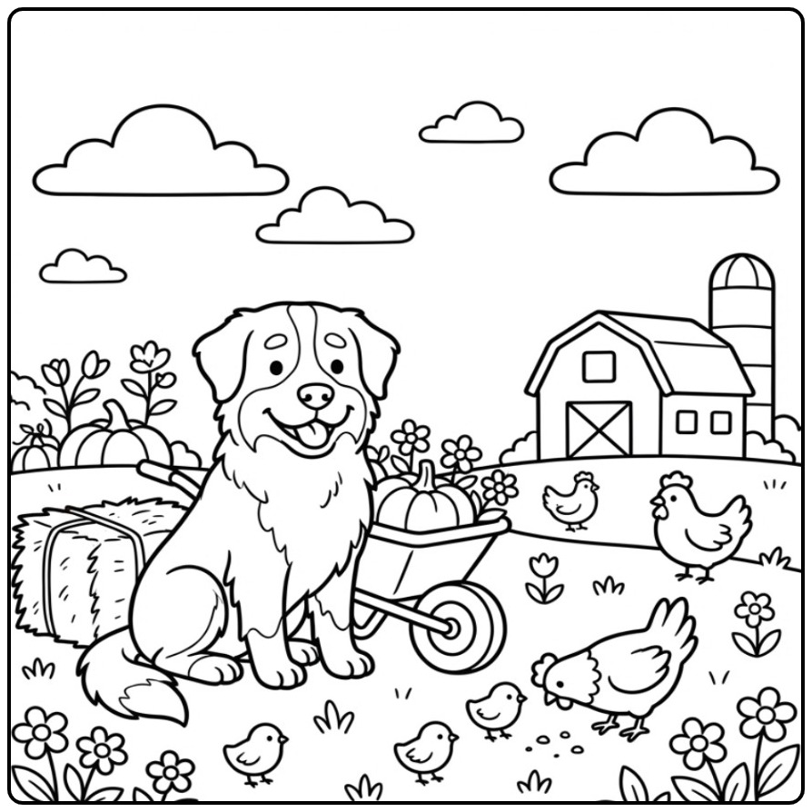 Een vrolijke berner sennen kleurplaat op een gezellige boerderij.