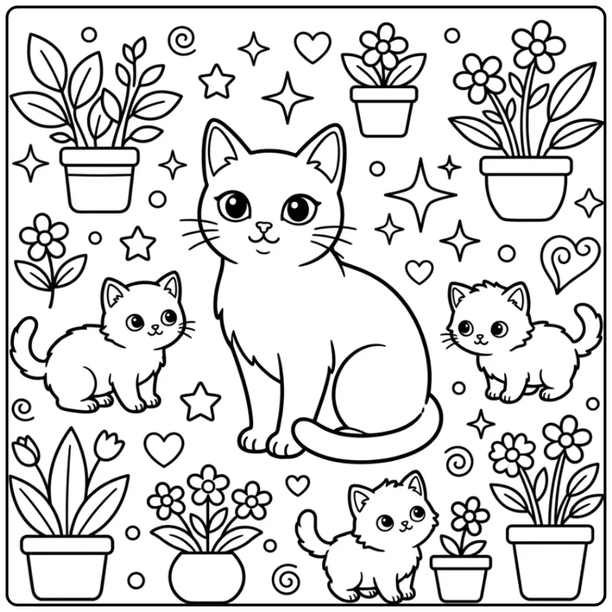 Een schattige kleurplaat kat met kittens tussen de plantjes.