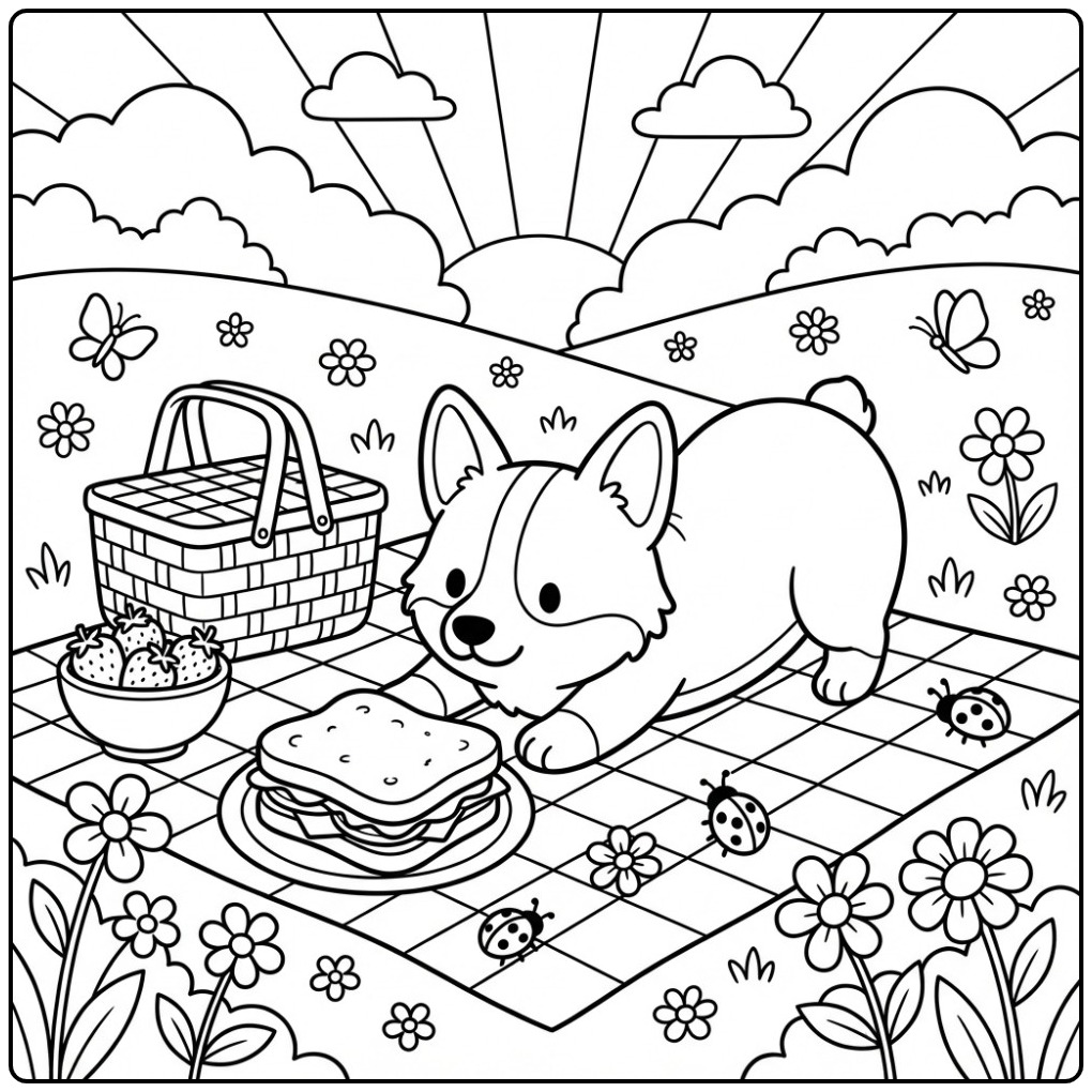 Een schattige corgi kleurplaat tijdens een zonnige picknick.