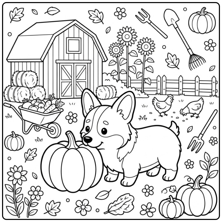 Een schattige corgi kleurplaat op de boerderij in de herfst.