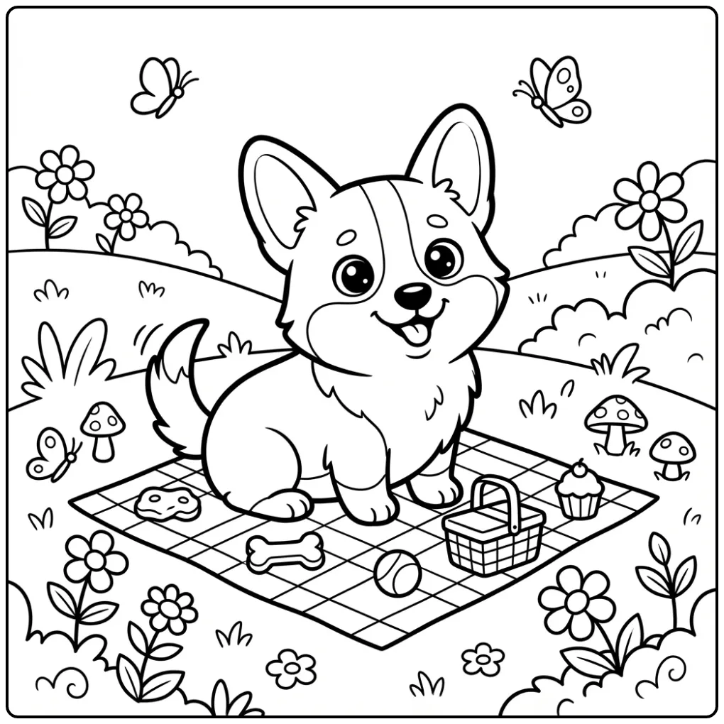 Vrolijke Corgi picknick puppy kleurplaat hond volwassenen