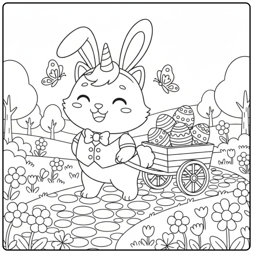 Vrolijke Eenhoorn kat Pasen Kleurplaat met een kar vol eieren.
