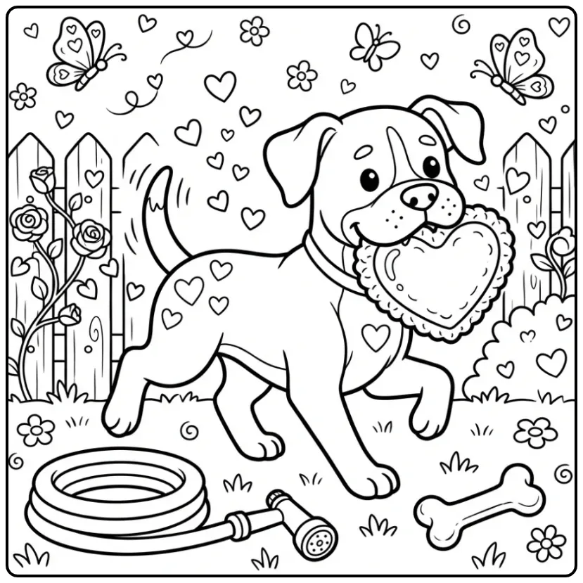 Een vrolijke boxer hond kleurplaat hond met hartjes in de tuin.
